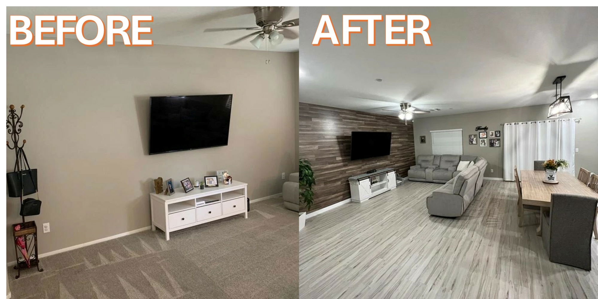 Before and after accent wall and flooring by InnovaBuild 360