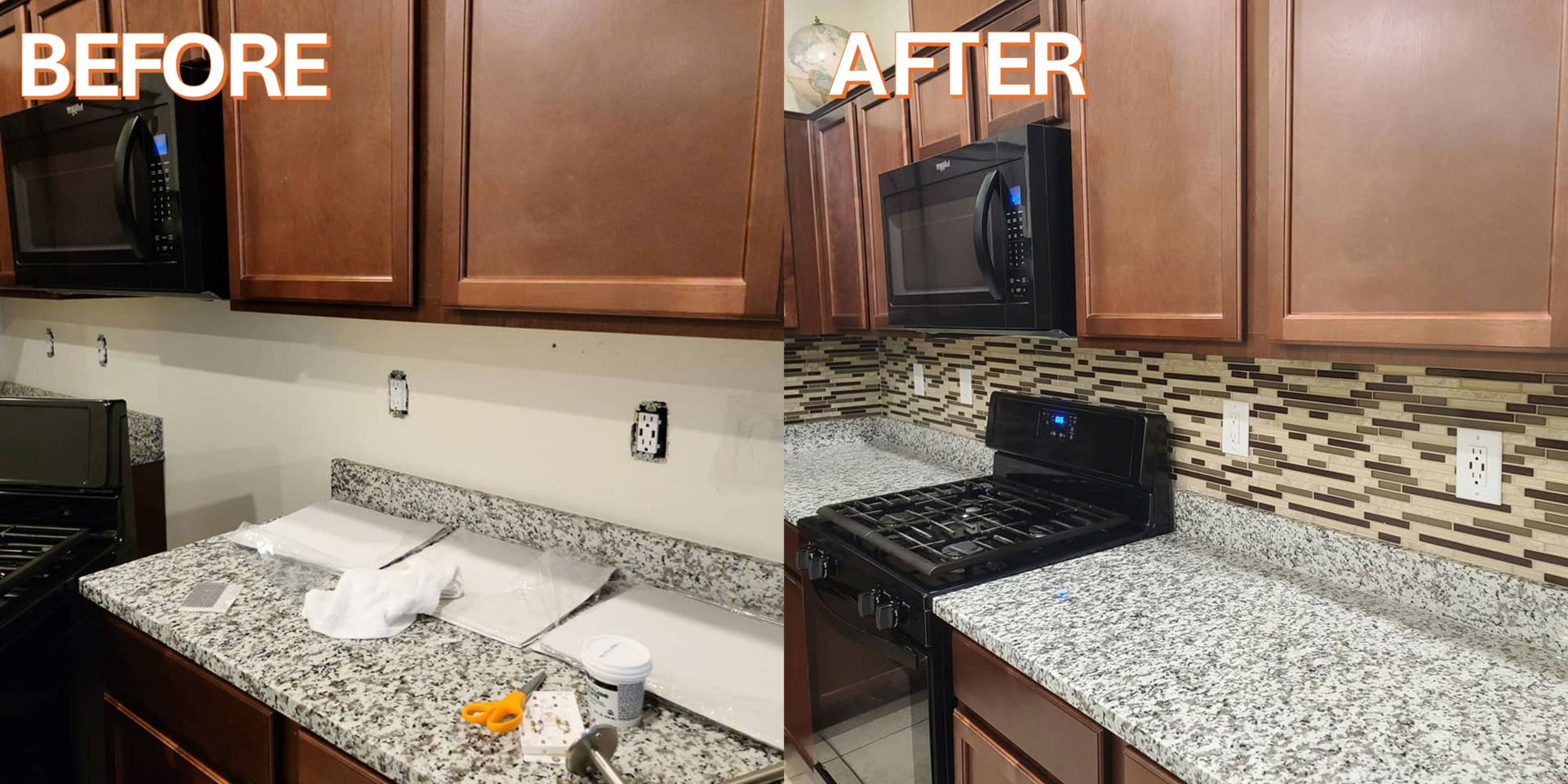 Before and after kitchen backsplash installation by InnovaBuild 360