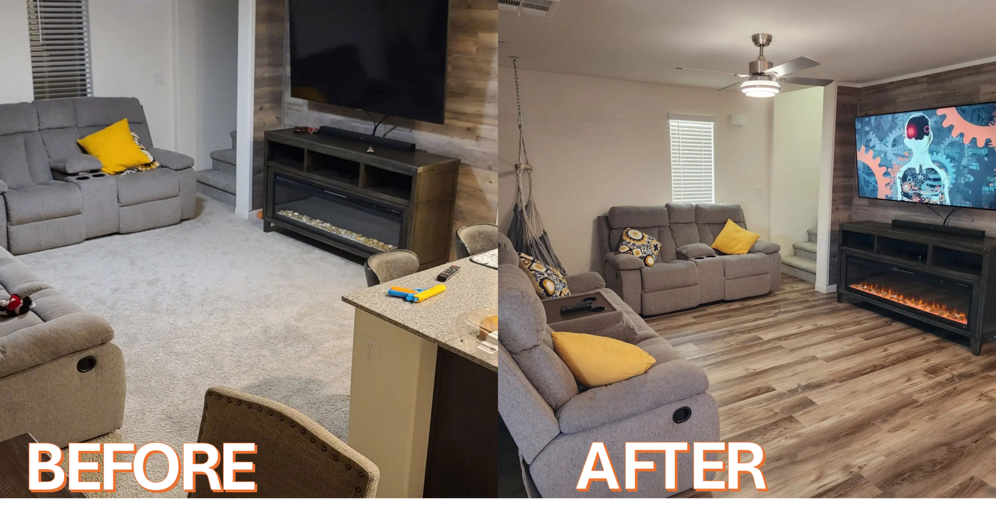 Before and after living room transformation with flooring and fireplace by InnovaBuild 360