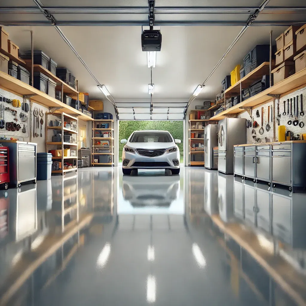 Organized garage with epoxy flooring by InnovaBuild 360